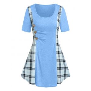 

Plus Size Plaid Ruched A Line Tunic Long Tee, Light blue