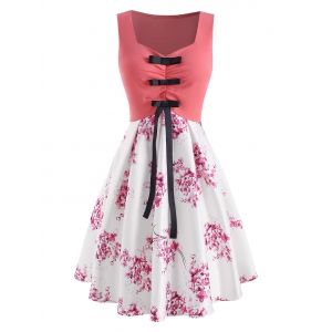 

Flower Print Ruched Bowknot Dress, Light pink