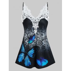 

Lace Insert Flower Butterfly Print Tank Top, Black