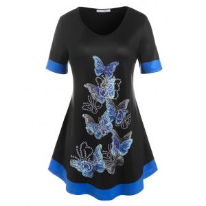 

Plus Size Colorblock Butterfly Print Tee, Black