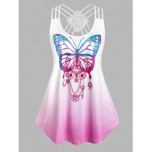 

Plus Size Strappy Butterfly Print High Low Tank Top, White