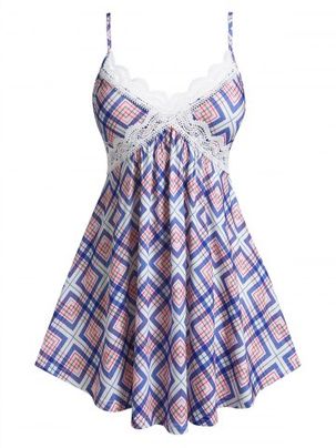 Plus Size Geometric Plaid Skirted Guipure Lace Cami Top