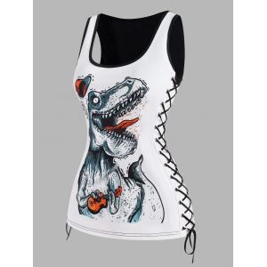 

Lace Up Dragon Dinosaur Print Tank Top, White