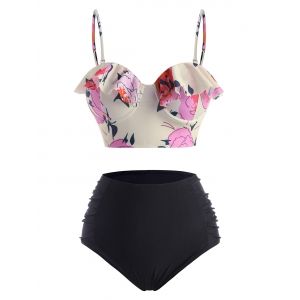 

Floral Ruffle Ruched Underwire Tankini Swimwear, Black