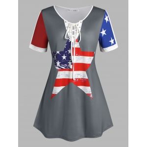

Plus Size Lace Up American Flag Print Patriotic T Shirt, Gray