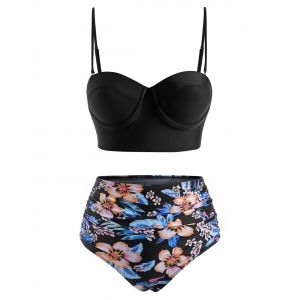 Underwire Floral Ruched Tankini Swimwear, Black