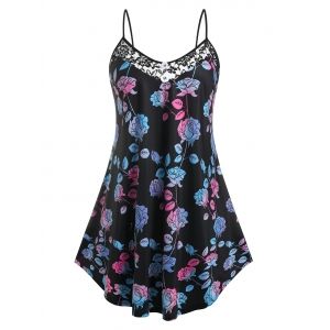 

Plus Size Flower Lace Sheer Panel Skirted Cami Top, Black