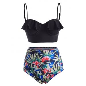 

Ruffle Underwire Floral Leaf Ruched Tankini Swimwear, Black