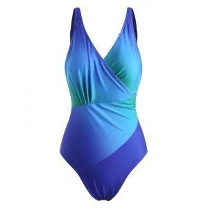 

Ombre Ruched Surplice-front One-piece Swimsuit, Blue