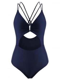 Cross Back Cutout One-piece Swimsuit - DEEP BLUE - L