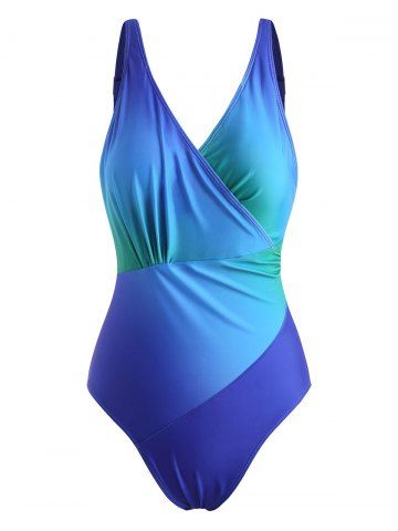 Ombre Ruched Surplice-front One-piece Swimsuit - BLUE - S
