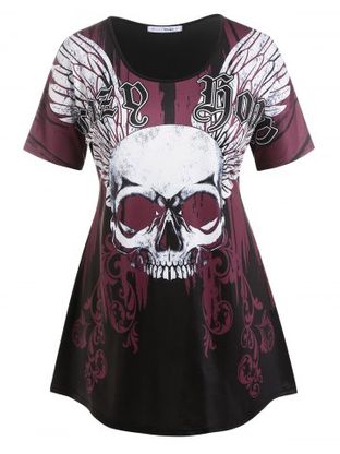 Plus Size & Curve Gothic Skull Wings Print Tee