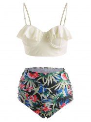 Ruffle Underwire Floral Leaf Ruched Tankini Swimwear -  