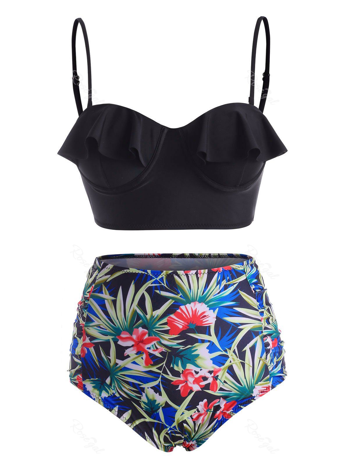 Maillot de Bain Tankini Feuille Fleuri à Volants à Armature Noir L