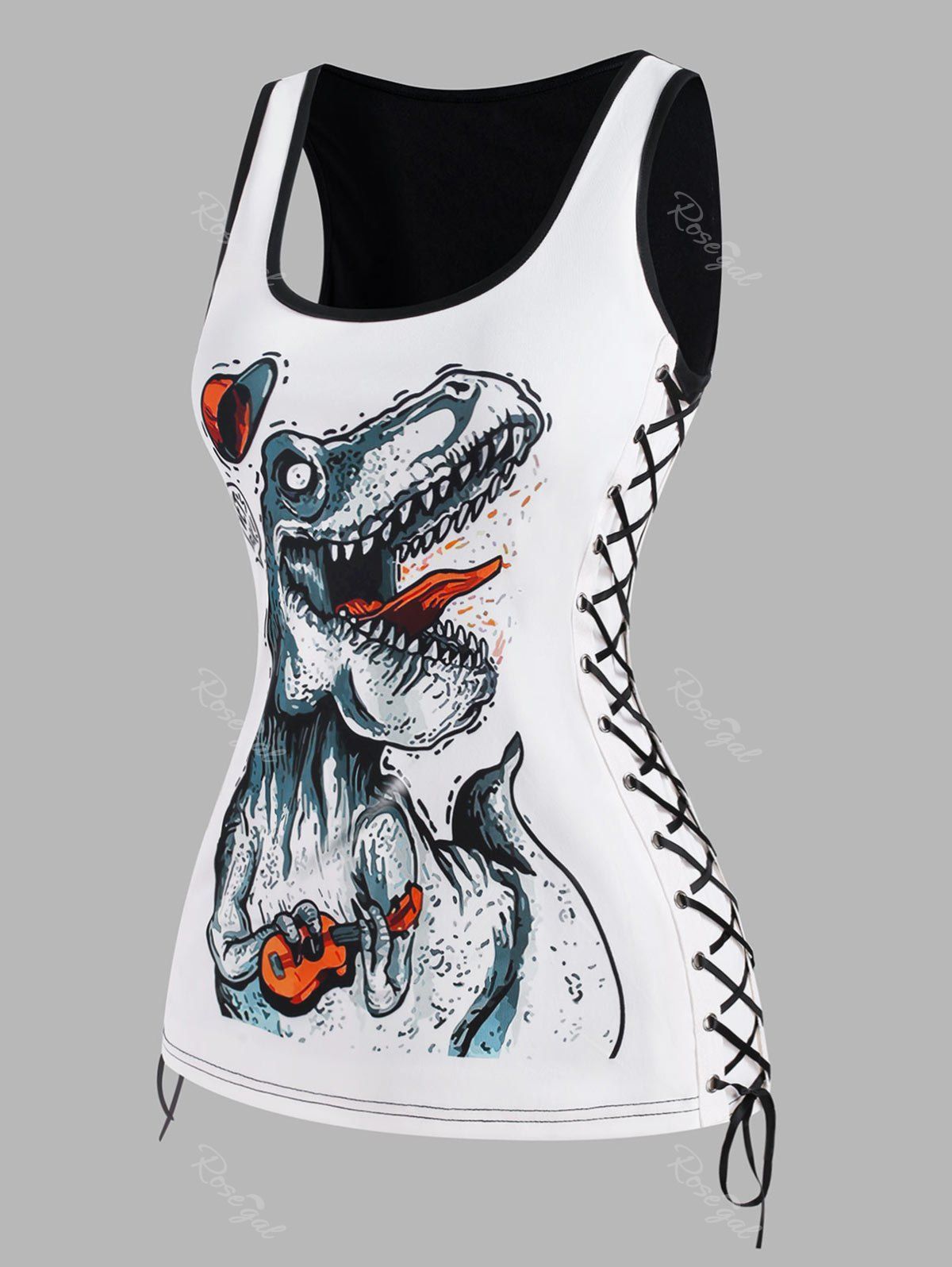 Hot Lace Up Dragon Dinosaur Print Tank Top  