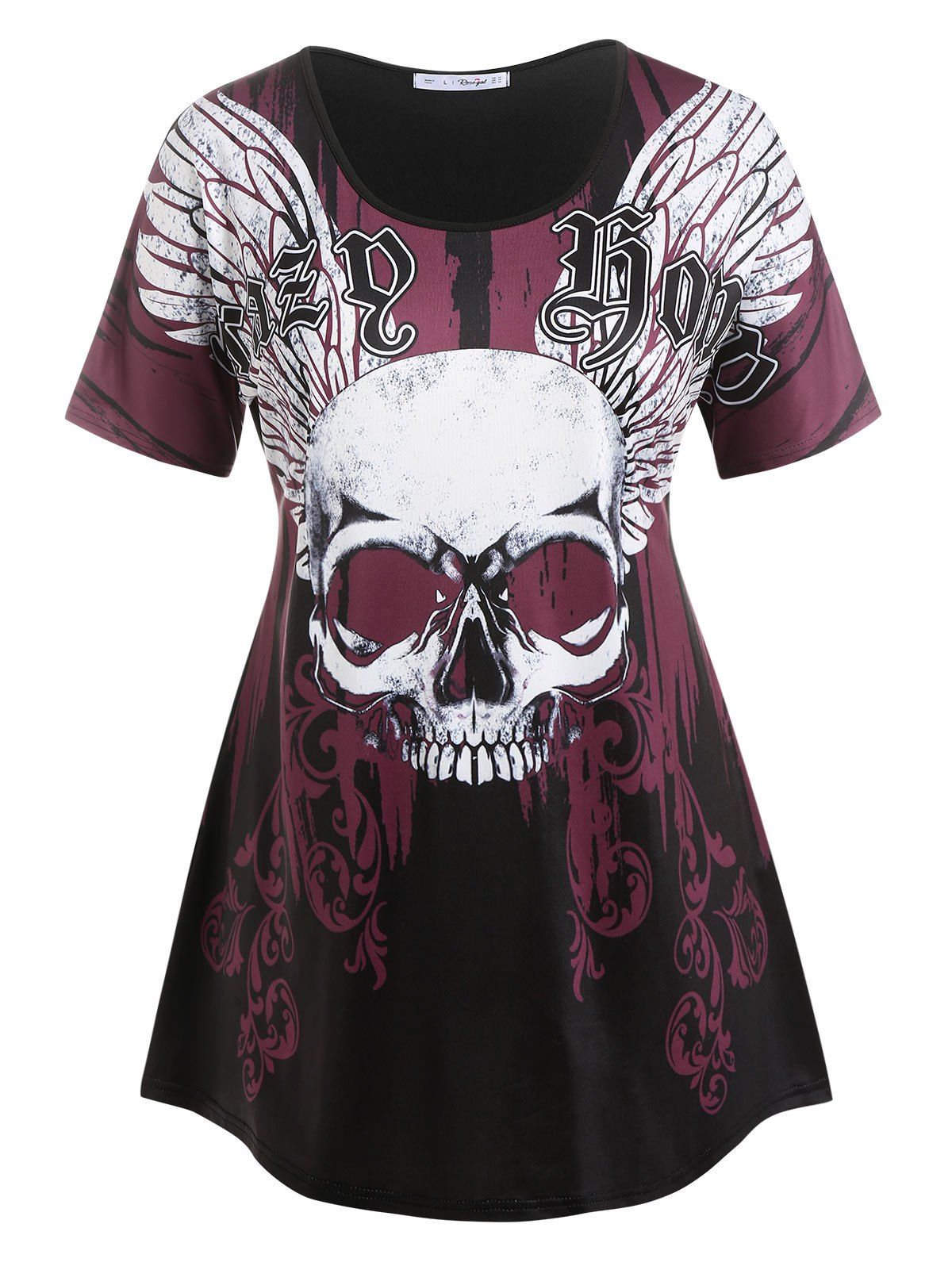 New Plus Size & Curve Gothic Skull Wings Print Tee  