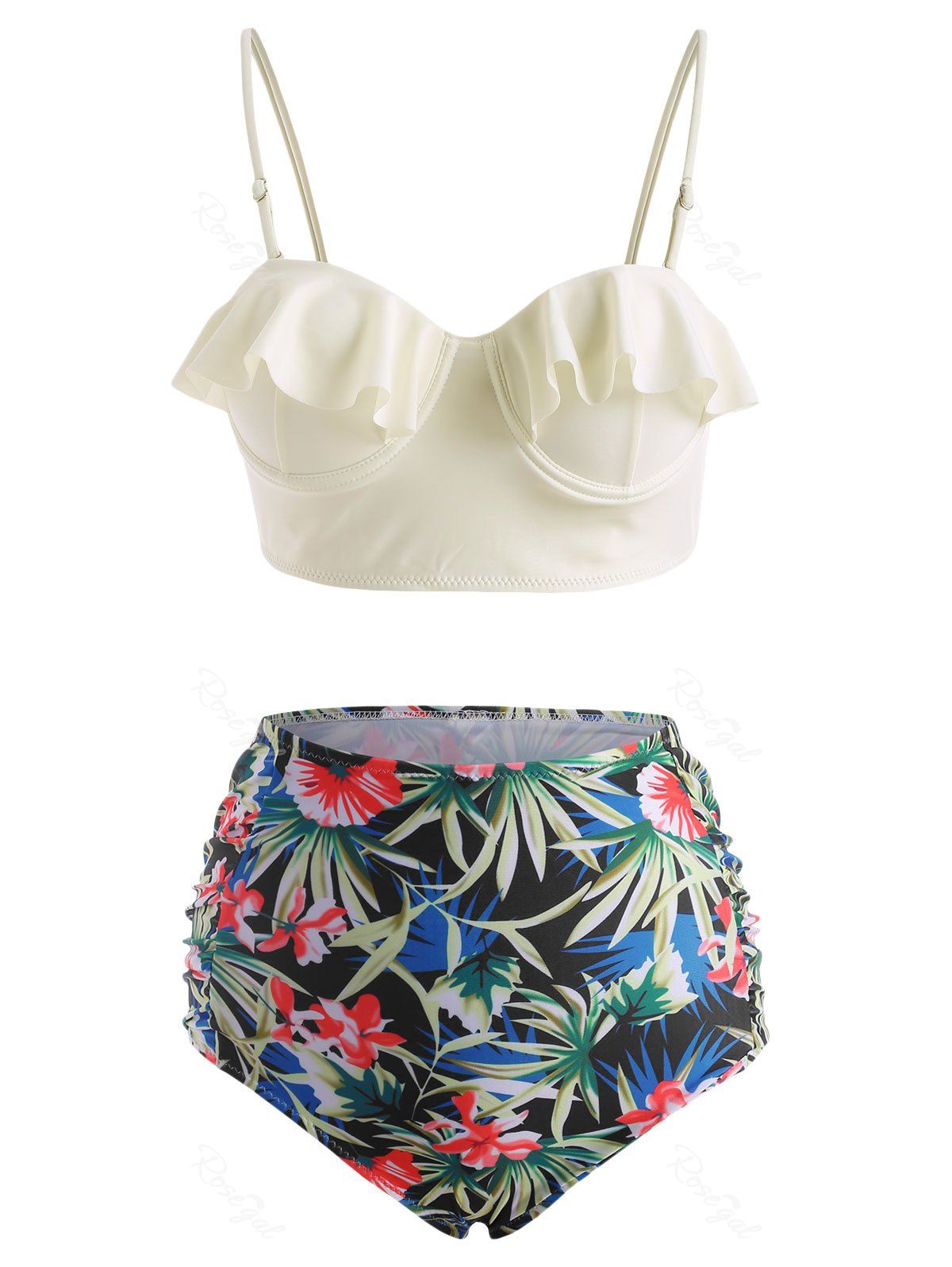 Buy Ruffle Underwire Floral Leaf Ruched Tankini Swimwear  