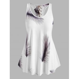 

Plus Size Lace-up Feather Print Racerback Tank Top, Black