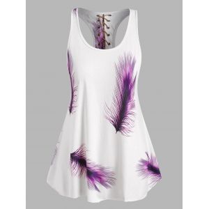 

Plus Size Lace-up Feather Print Racerback Tank Top, Purple