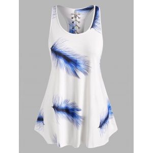 

Plus Size Lace-up Feather Print Racerback Tank Top, Deep blue