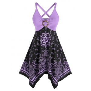 

Plus Size Tribal Paisley Print Crisscross Handkerchief Dress, Light purple