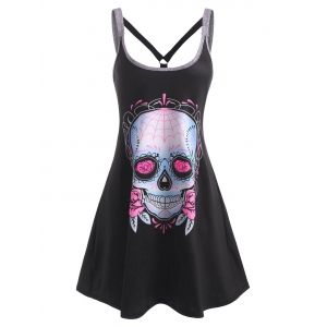 

Skull Flower Strappy O Ring Tank Dress, Multi