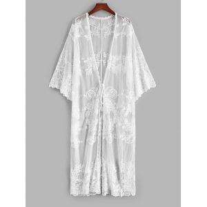 

Plant Sheer Mesh Tie Waist Beach Cover Up, White