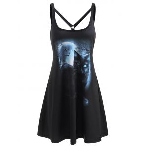 

Cat Moon Print Strappy O Ring Tank Dress, Black