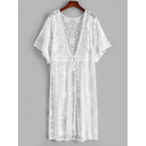 

Sheer Lace Tie Waist Kimono Cover Up, White