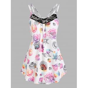 

Lace Panel Marine Life Print Tank Top, White