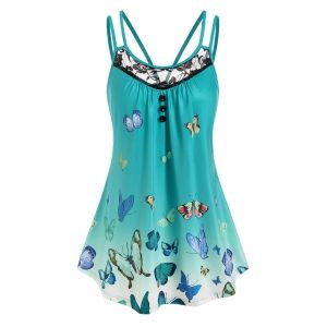 

Lace Panel Butterfly Print Tank Top, Light green