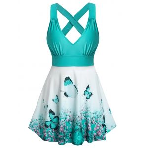 

Plus Size Butterfly Floral Cross Skirted Boyshort Tankini Swimwear, Light green