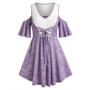 

Plus Size Lace-up Space Dye Cold Shoulder Skirted Tee, Light purple