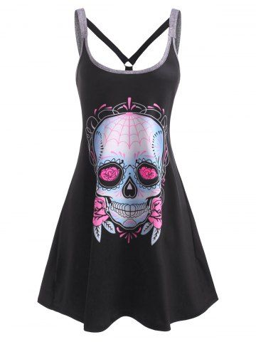 Skull Flower Strappy O Ring Tank Dress - MULTI - XXXL