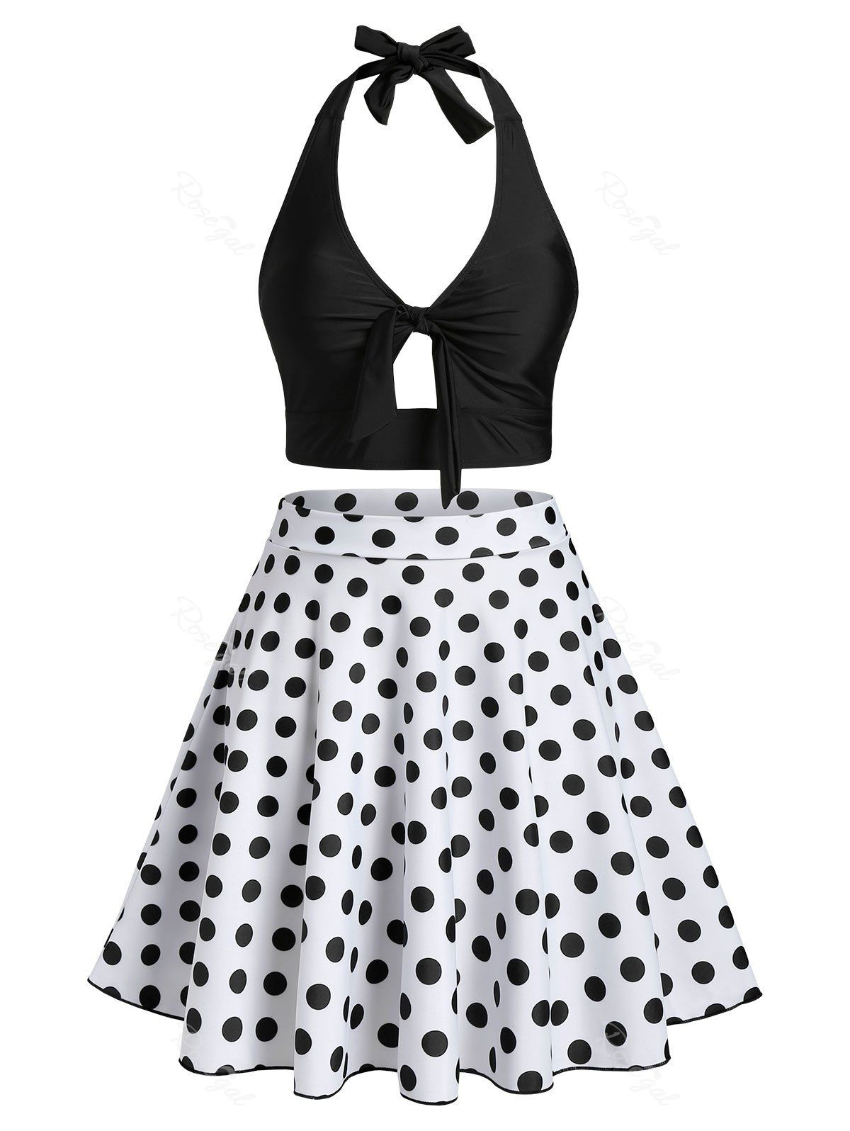 Chic Plus Size Polka Dot Halter 1950s Three Piece Tankini Swimsuit  