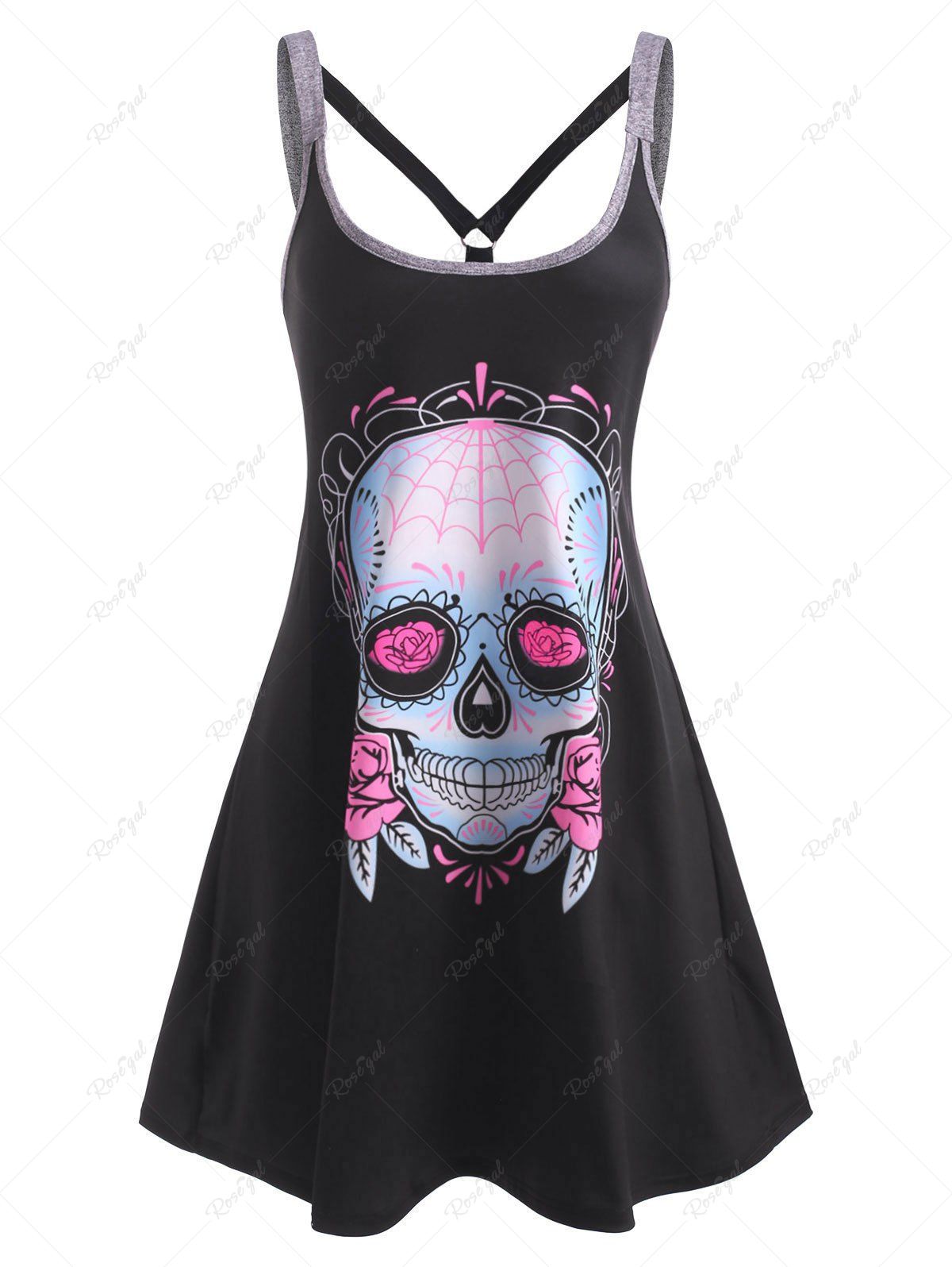 Trendy Skull Flower Strappy O Ring Tank Dress  
