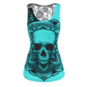

Lace Panel O Ring Skull Print Tank Top, Green
