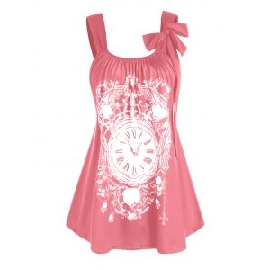 

Plus Size Clock Skull Pattern Bowknot Ruched Tank Top, Light pink