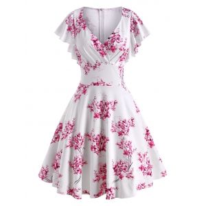 

Floral Print Butterfly Sleeve Surplice Dress, White