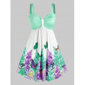 

Plus Size Ruched Floral Butterfly Print Knee Length Dress, Light green