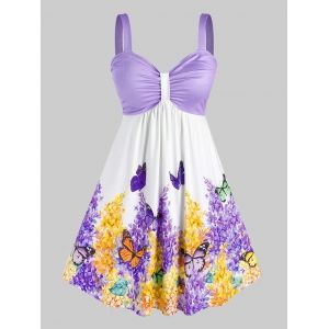 

Plus Size Ruched Floral Butterfly Print Knee Length Dress, Light purple