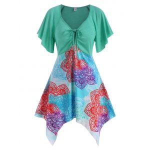 

Cinched Ruched Printed Asymmetrical Hem Top, Blue