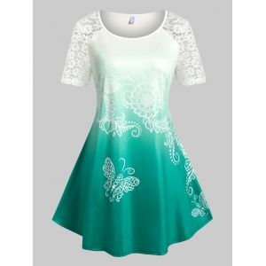 

Plus Size Ombre Color Lace Panel Butterfly Print Tee, White