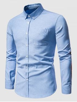 Cartoon Patch Print Long Sleeve Pocket Shirt - BLUE - XL