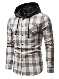 Plaid Print Long Sleeve Hooded Pocket Shirt - APRICOT - S
