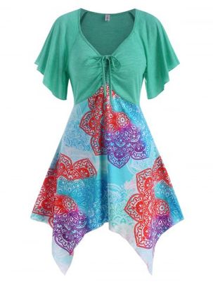 Cinched Ruched Printed Asymmetrical Hem Top