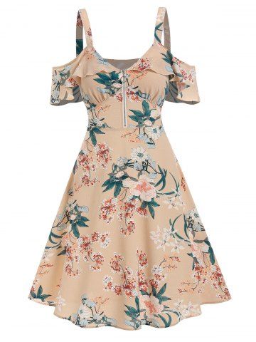 Ruffled Floral Print Cold Shoulder Dress - LIGHT YELLOW - XXL