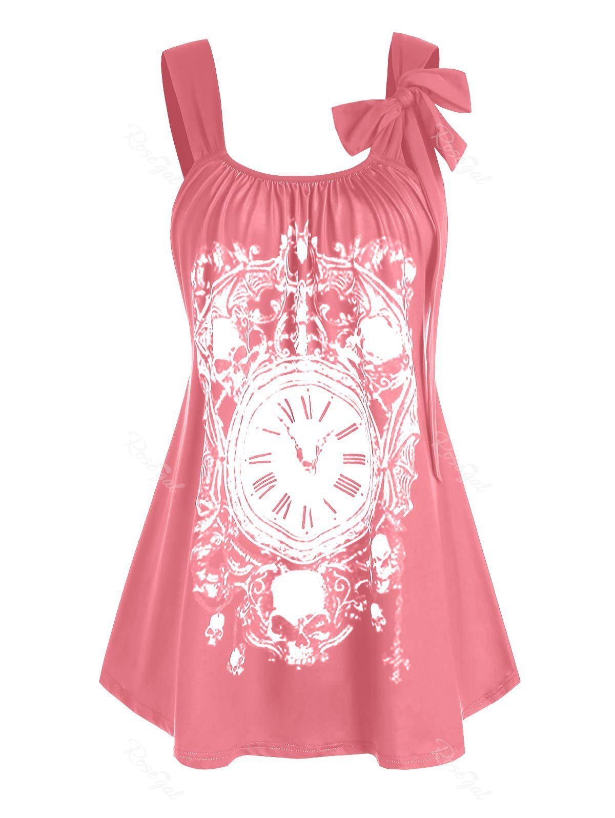 Sale Plus Size Clock Skull Pattern Bowknot Ruched Tank Top  