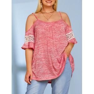 

Lace Panel Space Tye Cold Shoulder Plus Size Top, Light pink