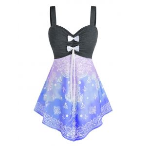 

Plus Size Bowknot Tie Dye Print Skirted Tunic Tank Top, Blue